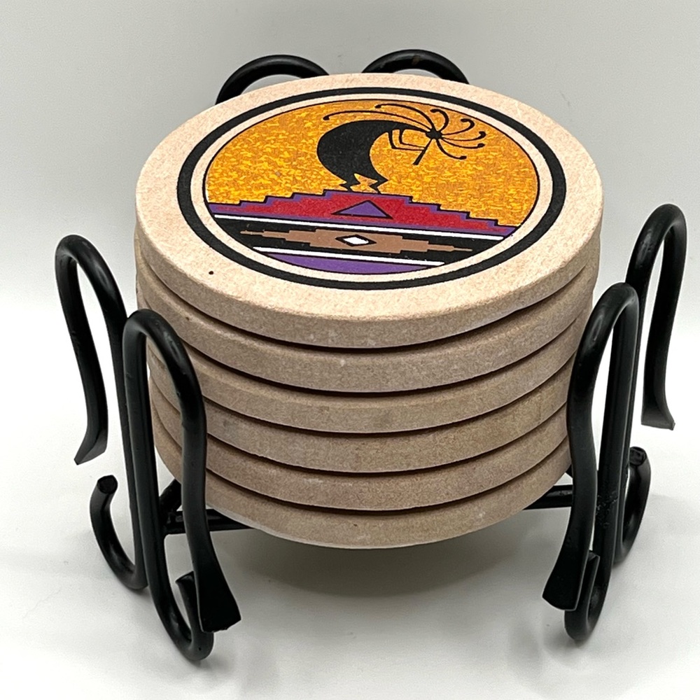 Set of 6 Coasters in Metal Holder Kokopelli Design 3.8 in